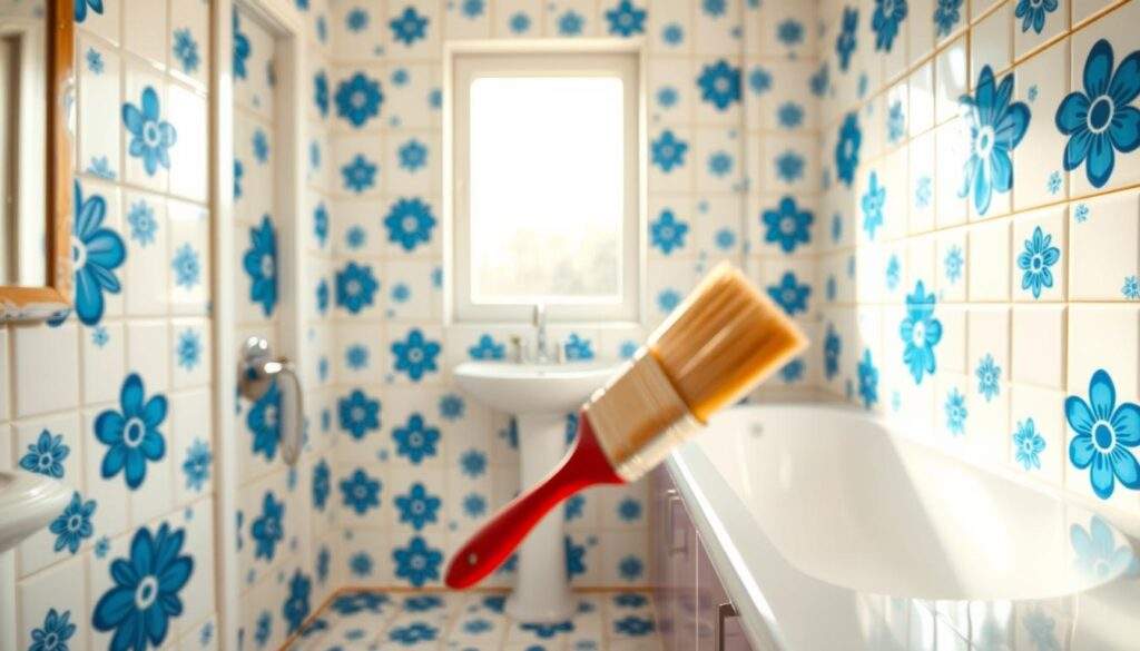 A bright and airy bathroom with fresh white tiles, each one meticulously painted with a vibrant blue floral pattern. The tiles create a captivating mosaic effect, their glossy surface reflecting the warm sunlight streaming through the large window. In the foreground, a paintbrush deftly applies the final touches, highlighting the intricate designs. The overall scene conveys a sense of effortless transformation, showcasing how a simple DIY project can breathe new life into a dated bathroom space. Captured with the clarity and depth of field typical of an iPhone 16 Pro Max, this image perfectly captures the essence of a quick and cost-effective bathroom makeover. A bright and airy bathroom with fresh white tiles, each one meticulously painted with a vibrant blue floral pattern. The tiles create a captivating mosaic effect, their glossy surface reflecting the warm sunlight streaming through the large window. In the foreground, a paintbrush deftly applies the final touches, highlighting the intricate designs. The overall scene conveys a sense of effortless transformation, showcasing how a simple DIY project can breathe new life into a dated bathroom space. Captured with the clarity and depth of field typical of an iPhone 16 Pro Max, this image perfectly captures the essence of a quick and cost-effective bathroom makeover.