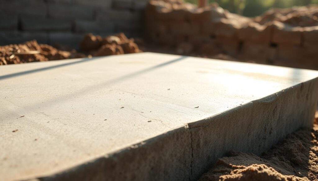 A close-up photograph of a meticulously crafted concrete foundation, its smooth surface reflecting the natural light that filters through the environment. The foundation stands sturdy and level, its edges sharply defined, conveying a sense of durability and precision. The background is softly blurred, allowing the viewer to focus on the intricate details of the concrete structure. The lighting is natural and warm, casting subtle shadows that accentuate the texture and depth of the material. Captured with the advanced lens of an iPhone 16 Pro Max, the image showcases the true craftsmanship and care that goes into the construction of a solid, reliable foundation.