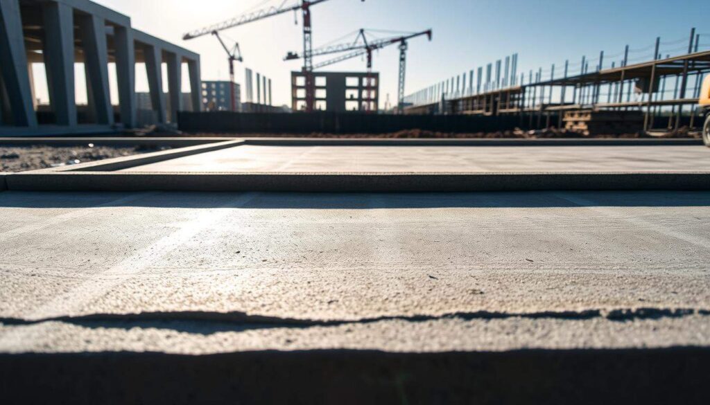 A concrete slab in a construction site, the surface textured with a broom-like finish. Sunlight filters through the frame, casting soft shadows across the expanse. The slab's edges are neatly defined, a testament to precise formwork. In the background, the silhouettes of construction equipment and scaffolding suggest an active work environment. The overall scene conveys a sense of progress, with the concrete serving as the foundation for future development. Captured with an iPhone 16 Pro Max, the image showcases the utilitarian beauty of this essential building material.