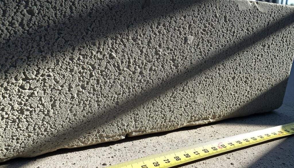 A concrete slab, its rough surface illuminated by natural light, casting intricate shadows on the ground. The texture is palpable, a tactile representation of the material's solidity and strength. In the foreground, a measuring tape extends, hinting at the dimensions and scale of this concrete structure. The background is slightly blurred, allowing the viewer's focus to remain on the central subject. The lighting, captured with an iPhone 16 Pro Max, creates a sense of depth and atmosphere, elevating the humble concrete into a compelling visual study.
