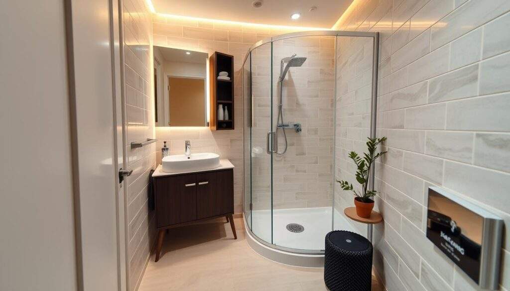 A cozy and functional small bathroom in a city apartment, meticulously designed to maximize the available space. The room features a sleek, minimalist vanity with integrated sink, subtle warm lighting above a large wall mirror, and a compact shower enclosure with a frameless glass door. The tiles on the walls and floor create a clean, contemporary look, while discreet storage solutions keep the space organized and clutter-free. A potted plant adds a touch of natural greenery, complementing the overall serene and relaxing atmosphere. The angle captures the room's efficient layout, showcasing how a small 2m2 bathroom can be transformed into a practical and visually appealing oasis. mała łazienka w bloku projekt