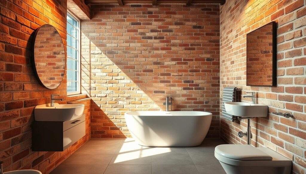 A cozy bathroom featuring a textured brick wall, illuminated by warm, natural lighting. The bricks, weathered and uneven, create an industrial, rustic ambiance, complemented by sleek modern fixtures and fittings. The floor is covered in smooth, neutral-toned tiles, providing a visually harmonious contrast. The room exudes a sense of comfort and durability, with the brick wall offering both thermal and acoustic insulation, ensuring a relaxing, soothing atmosphere. The scene is captured with the crisp, vivid detail of a professional iPhone 16 Pro Max photograph, showcasing the tactile and visual appeal of this inviting bathroom design. Cegła w łazience