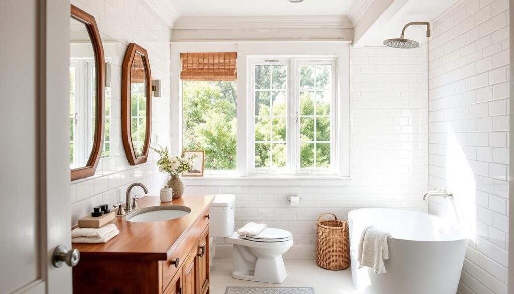 A cozy bathroom inspired by the serene coastal ambiance of the Hamptons. Warm wooden vanity, pristine white subway tiles, and a large window framing a view of a lush garden. Soft lighting illuminates the space, casting a tranquil glow. The room exudes an effortless elegance, with accents of wicker and natural textiles complementing the soothing palette. Crisp linens and plush towels add a touch of luxury, inviting a moment of relaxation. The camera's lens captures the harmonious blend of traditional and modern elements, reflecting the essence of the Hampton style.
