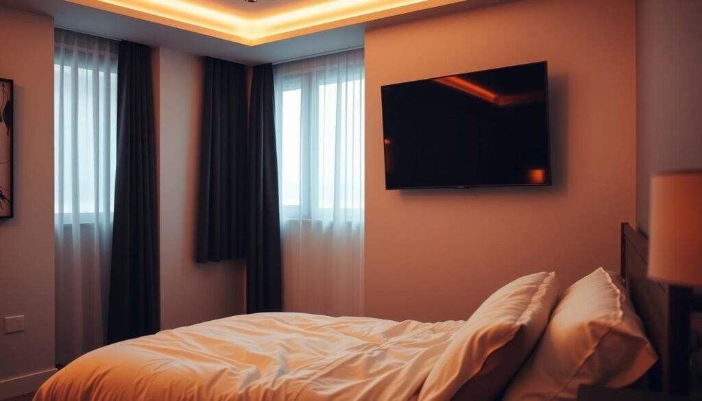 A cozy bedroom with a focus on the positioning of a large, flat-screen television mounted on the wall. The room is bathed in soft, warm lighting, creating a serene and intimate atmosphere. The bed, made up with plush bedding, is positioned at a slight angle, allowing for comfortable viewing from a reclined position. The television is mounted at an optimal height, considering the viewer's sightline and the ergonomics of the space. The overall layout and design of the room prioritize comfort and functionality, creating a harmonious balance between technology and relaxation.