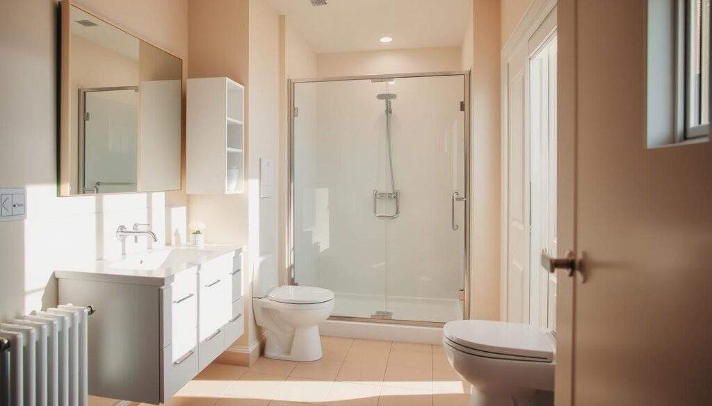 A cozy, well-designed bathroom with a minimalist aesthetic. The room is bathed in warm, natural lighting, creating a serene and inviting atmosphere. The vanity features sleek, white fixtures and ample storage. The shower area is enclosed in glass panels, creating an illusion of spaciousness. The floor is tiled in a light, neutral color, and the walls are painted a soft, pastel hue. Carefully placed mirrors and strategic lighting create the impression of a larger, more open space. The overall layout is efficient and functional, with every inch of the room optimized for maximum utility.