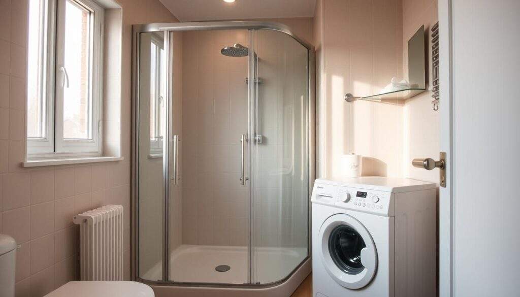 Aranżacja małej łazienki z prysznicem i pralką w bloku