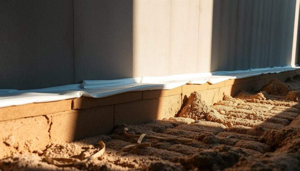 A crisp, well-lit photograph of a concrete foundation with visible insulation material applied to its exterior walls. The insulation appears to be a thick, high-quality foam panel, expertly installed to create a seamless, thermal barrier. The image captures the installation process, showcasing the proper techniques used to ensure a tight, efficient seal around the perimeter. The scene is illuminated by warm, natural lighting, casting subtle shadows that accentuate the textures and contours of the foundation. The overall mood conveys the importance of proper foundation insulation and its role in maintaining a building's structural integrity and energy efficiency.