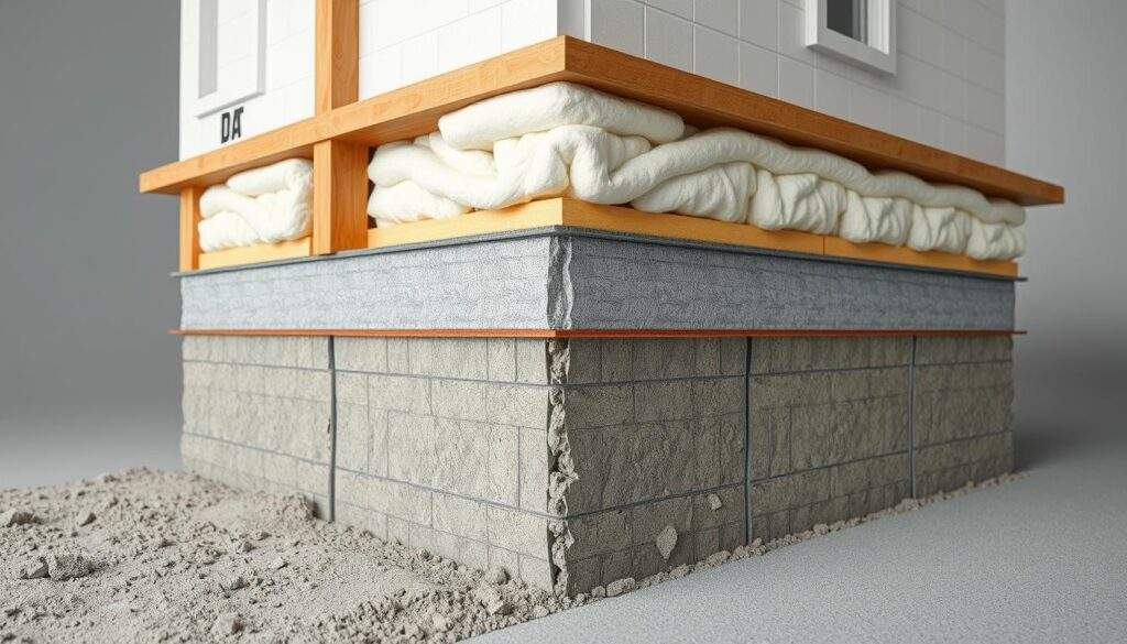 A cross-section view of a residential building's foundation, showcasing the intricate layers of insulation, concrete, and reinforcement. The image is captured with an iPhone 16 Pro Max, showcasing the textural details and depth of the structure. The lighting is soft and diffused, highlighting the various materials and their thermal properties. The background is muted, allowing the foundation's construction to take center stage, emphasizing its importance in the overall energy efficiency and cost-effectiveness of the home. The overall composition conveys a sense of technical precision and the significance of proper foundation insulation.