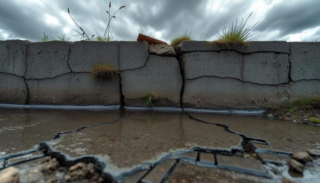 A damp, cracked concrete foundation set against a dreary, overcast sky. Puddles of water accumulate around the base, suggesting poor drainage and seepage. Weeds and moss cling to the crumbling surface, indicating long-term moisture issues. The iPhone 16 Pro Max captures the scene in gritty detail, the telephoto lens highlighting the textures and imperfections. A moody, documentary-style shot that conveys the symptoms of a deteriorating foundation and the need for remediation.