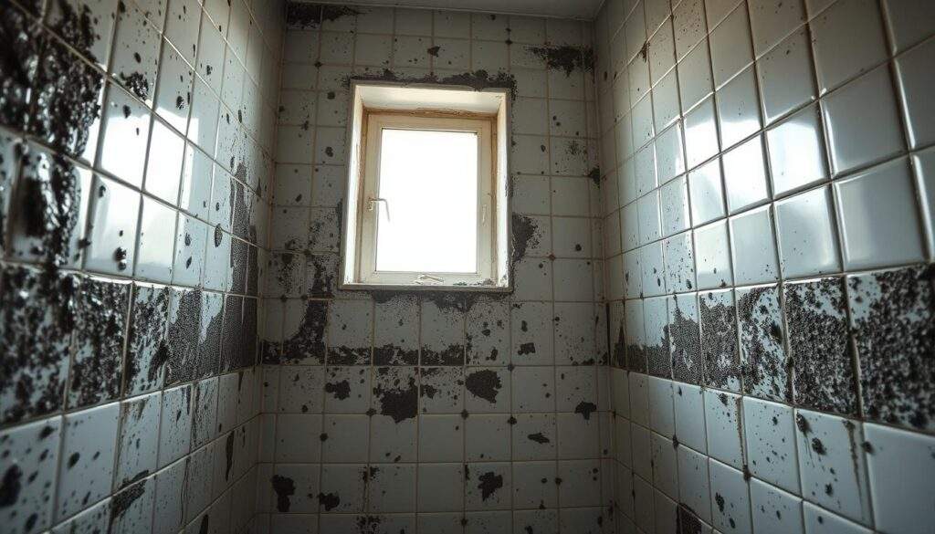 A damp, poorly ventilated bathroom, the walls glistening with excess moisture. Mold creeps across the tiles, a testament to the lack of proper air circulation. Sunlight filters in through a small window, casting a somber glow over the scene. The air feels thick and heavy, a breeding ground for potential health concerns. This image captures the importance of effective bathroom ventilation, showcasing the consequences of neglecting this critical element of interior design. A realistic, high-resolution photograph taken with an iPhone 16 Pro Max, highlighting the detrimental effects of excessive humidity and the need for a well-planned ventilation system. Wentylacja łazienki w suficie