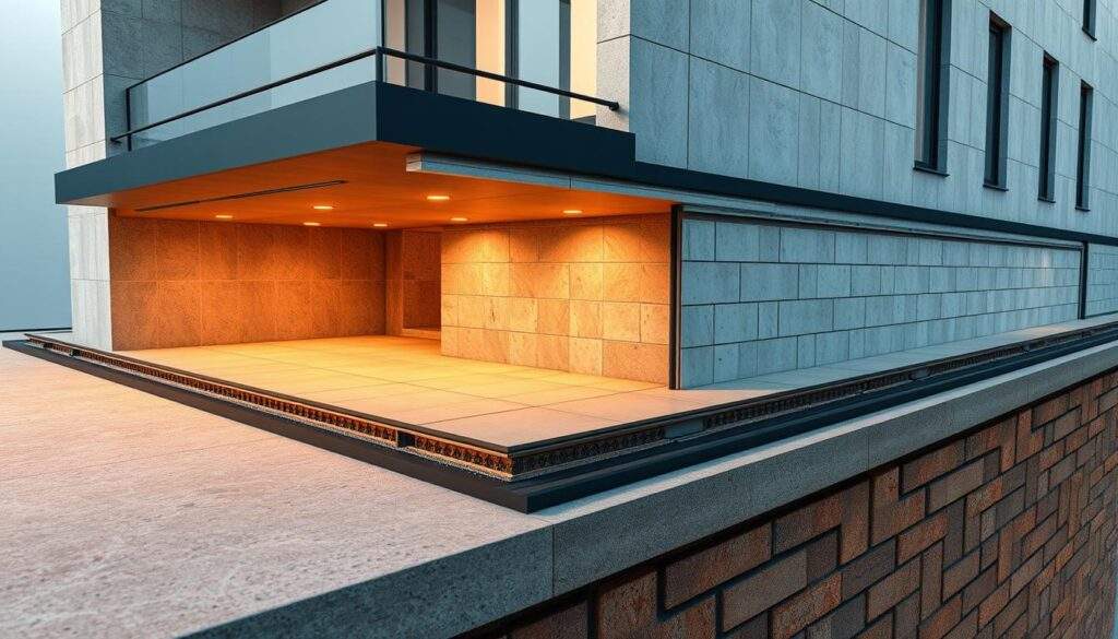 A detailed architectural cross-section view of a building's waterproofing and damp-proof membrane system, shot with a high-quality smartphone camera. The foreground shows the various layers of a comprehensive hydroizolacji, including the base concrete slab, a protective screed, a robust bituminous sheet membrane, and a finishing layer of tiles. The middle ground reveals the complex network of seals, joints, and overlaps that ensure a watertight barrier. The background captures the overall structure, with clean lines and a modern, minimalist aesthetic. Warm, even lighting illuminates the scene, highlighting the technical details and textures of the materials used. The composition emphasizes the importance of proper hydroizolacji in maintaining the structural integrity and longevity of the building.