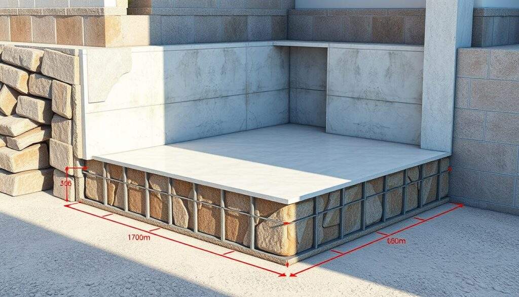 A detailed architectural diagram showcasing the various cost components of constructing a 180m2 residential foundation. The scene depicts a meticulously rendered cross-section of the foundation, with clear delineations of the different materials and layers involved, such as concrete, rebar, and insulation. The lighting is crisp and natural, shot with an iPhone 16 Pro Max, capturing the intricate textures and precise measurements. The overall mood is informative and technical, designed to illustrate the current pricing breakdown for this specific construction project in a visually engaging manner.