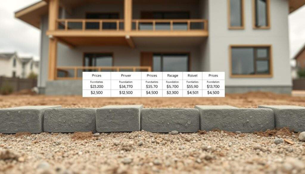 A detailed architectural rendering showcasing the current cost range for residential foundations in 2025. Captured with an iPhone 16 Pro Max, the image depicts a modern house with a well-defined concrete foundation visible in the foreground. The middle ground features a grid-like layout of various foundation types, each labeled with their corresponding price range. The background subtly blends a soft, urban landscape to set the scene. The lighting is natural, slightly overcast, emphasizing the textural details of the concrete. The angle is a low, eye-level perspective, allowing the viewer to fully appreciate the scale and materiality of the foundations. The overall mood conveys a sense of informative clarity about the current state of foundation pricing in the year 2025. A detailed architectural rendering showcasing the current cost range for residential foundations in 2025. Captured with an iPhone 16 Pro Max, the image depicts a modern house with a well-defined concrete foundation visible in the foreground. The middle ground features a grid-like layout of various foundation types, each labeled with their corresponding price range. The background subtly blends a soft, urban landscape to set the scene. The lighting is natural, slightly overcast, emphasizing the textural details of the concrete. The angle is a low, eye-level perspective, allowing the viewer to fully appreciate the scale and materiality of the foundations. The overall mood conveys a sense of informative clarity about the current state of foundation pricing in the year 2025.