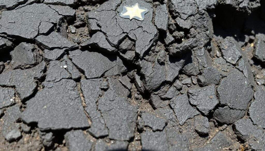 A detailed close-up photograph of a crumbling, tar-based bituminous waterproofing material, commonly known as "dysperbit". The surface is uneven and textured, with cracks, bubbles, and discoloration visible. The material appears to be hardened and brittle, with a dark, almost black color. The lighting is natural, with soft shadows that accentuate the irregular surface. The image is shot from a low angle, capturing the material in all its imperfections, highlighting its unsuitability as a modern, reliable waterproofing solution for building foundations.