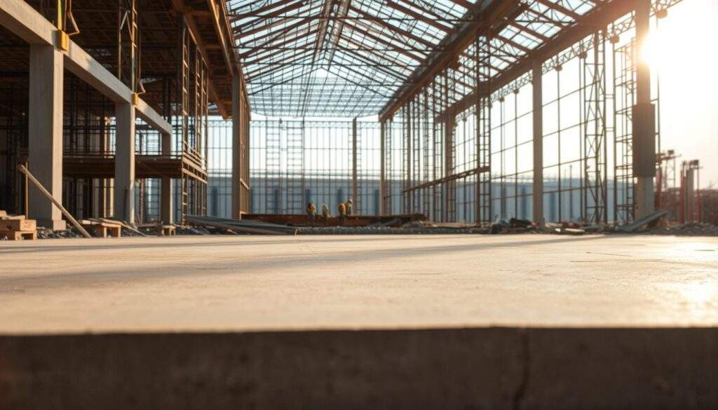 A detailed construction site, with a focus on the concrete foundation. In the foreground, a freshly poured foundation slab, the smooth surface reflecting the sunlight. In the middle ground, workers busily assembling rebar cages, the intricate web of steel bars rising from the foundation. In the background, the outline of a partially framed structure, the skeletal frame promising the shape of the future building. The scene is bathed in warm, golden light, captured with the crisp clarity of a professional iPhone 16 Pro Max camera. The mood is one of progress and industrious activity, reflecting the comprehensive cost details outlined in the "Budowa fundamentów - kompletny przewodnik po kosztach 2025" article.