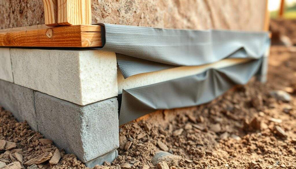 A detailed cross-section of a building's foundation, showcasing the intricate layers of insulation and waterproofing. The foreground depicts the concrete base, with carefully placed rigid foam insulation boards, their edges neatly aligned. In the middle ground, a protective membrane wraps around the foundation, creating a barrier against moisture and seepage. The background subtly reveals the surrounding soil, hinting at the importance of proper drainage and soil preparation for a sturdy and energy-efficient structure. Warm, natural lighting illuminates the scene, emphasizing the precision and care required for effective foundation insulation. Captured with a high-resolution wide-angle lens, this photograph highlights the technical aspects of this critical construction process.