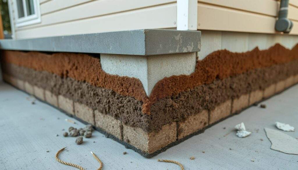 A detailed cross-section of the foundations of a single-family home, captured with the precision of an iPhone 16 Pro Max camera. The image showcases the various layers and components that make up the foundation, including the concrete slab, reinforcement bars, and soil conditions. The lighting is natural and evenly distributed, highlighting the textural details and the overall structure. The perspective is slightly elevated, providing a comprehensive view of the foundation's layout and dimensions. The mood is informative and technical, conveying the important role that foundations play in the construction of a sturdy and reliable home.
