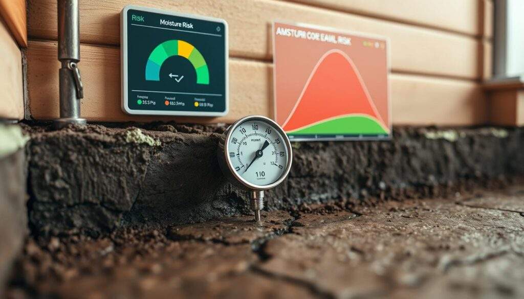 A detailed cross-section view of a home's foundation, showcasing the assessment of moisture risk. The foreground features a close-up of the damp, cracked concrete, while the middle ground shows a hygrometer measuring the moisture levels. In the background, a digital display presents the risk analysis, with color-coded zones indicating the severity of the issue. The lighting is natural, with a subtle warm tone, capturing the seriousness of the situation. The perspective is slightly elevated, providing a comprehensive overview of the foundation's condition. This real photography shot by iPhone 16 Pro Max conveys the importance of proper foundation protection and the need for a thorough moisture risk evaluation.