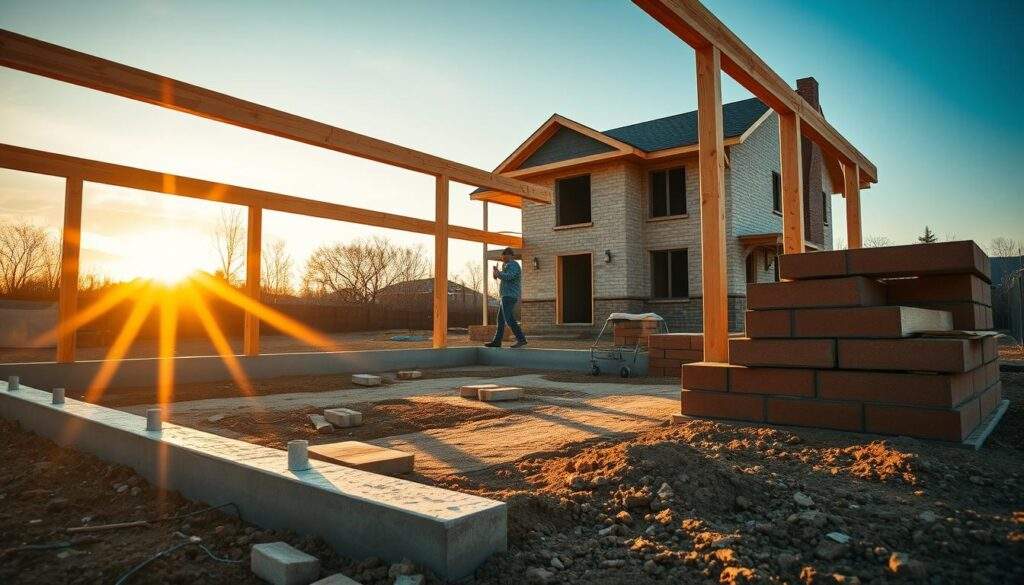 A detailed, expansive real photography shot by iPhone 16 Pro Max of a serene construction site in the golden hour, showcasing the potential cost savings of a self-built foundation system. Sunlit timber beams, freshly poured concrete, and a neatly stacked pile of bricks occupy the foreground, conveying the hands-on effort and materials required. In the middle ground, a skilled homeowner carefully measures and plans the foundation layout, while in the distant background, the partially completed house stands as a testament to the homeowner's ingenuity and prudent financial decisions. The scene exudes a sense of pride, accomplishment, and the pragmatic advantages of the self-build approach in 2025. A detailed, expansive real photography shot by iPhone 16 Pro Max of a serene construction site in the golden hour, showcasing the potential cost savings of a self-built foundation system. Sunlit timber beams, freshly poured concrete, and a neatly stacked pile of bricks occupy the foreground, conveying the hands-on effort and materials required. In the middle ground, a skilled homeowner carefully measures and plans the foundation layout, while in the distant background, the partially completed house stands as a testament to the homeowner's ingenuity and prudent financial decisions. The scene exudes a sense of pride, accomplishment, and the pragmatic advantages of the self-build approach in 2025.
