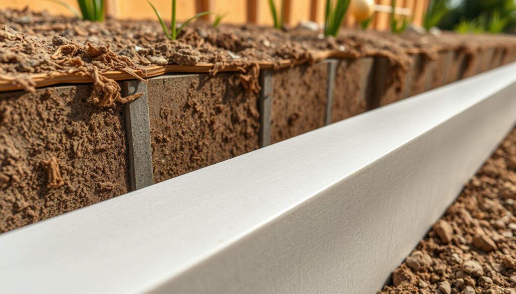 A detailed, high-resolution photograph of a cross-section of an insulated foundation system, showcasing the effective installation of XPS (extruded polystyrene) insulation. The foreground depicts the XPS panel, its smooth, rigid surface capturing the light with a subtle sheen. The middle ground reveals the seamless integration of the insulation into the concrete foundation, emphasizing the continuous thermal barrier. In the background, the surrounding soil and landscaping elements provide context, conveying the importance of this insulation in the broader construction of a energy-efficient home. The image is captured with a wide-angle lens, emphasizing the scale and importance of this critical insulation component. The lighting is natural and evenly distributed, highlighting the technical details and textural qualities of the materials. A detailed, high-resolution photograph of a cross-section of an insulated foundation system, showcasing the effective installation of XPS (extruded polystyrene) insulation. The foreground depicts the XPS panel, its smooth, rigid surface capturing the light with a subtle sheen. The middle ground reveals the seamless integration of the insulation into the concrete foundation, emphasizing the continuous thermal barrier. In the background, the surrounding soil and landscaping elements provide context, conveying the importance of this insulation in the broader construction of a energy-efficient home. The image is captured with a wide-angle lens, emphasizing the scale and importance of this critical insulation component. The lighting is natural and evenly distributed, highlighting the technical details and textural qualities of the materials.