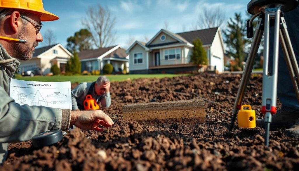 A detailed view of a soil analysis for home foundation construction. A professional geologist examines soil samples in the foreground, surrounded by various testing equipment. The middle ground shows a cross-section diagram of different soil layers, while the background depicts an idyllic suburban neighborhood with a partially built single-story house. The scene is captured with natural lighting and a wide-angle lens, conveying a sense of depth and technical precision. The overall mood is one of careful planning and attention to detail, reflecting the importance of proper soil analysis before laying the foundation for a residential home.
