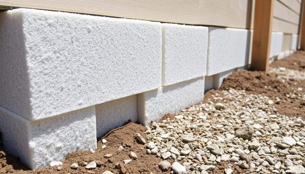 A detailed, well-lit photograph of a section of a building's foundation made of expanded polystyrene (EPS) insulation boards, taken from a low, angled perspective. The EPS blocks, stacked in an overlapping pattern, have a light gray color and a slightly textured surface. The background shows the surrounding soil and gravel, with a clean, natural look. The image conveys the practical and functional nature of this type of insulation material used in residential construction, highlighting its role in thermal efficiency and foundation protection.