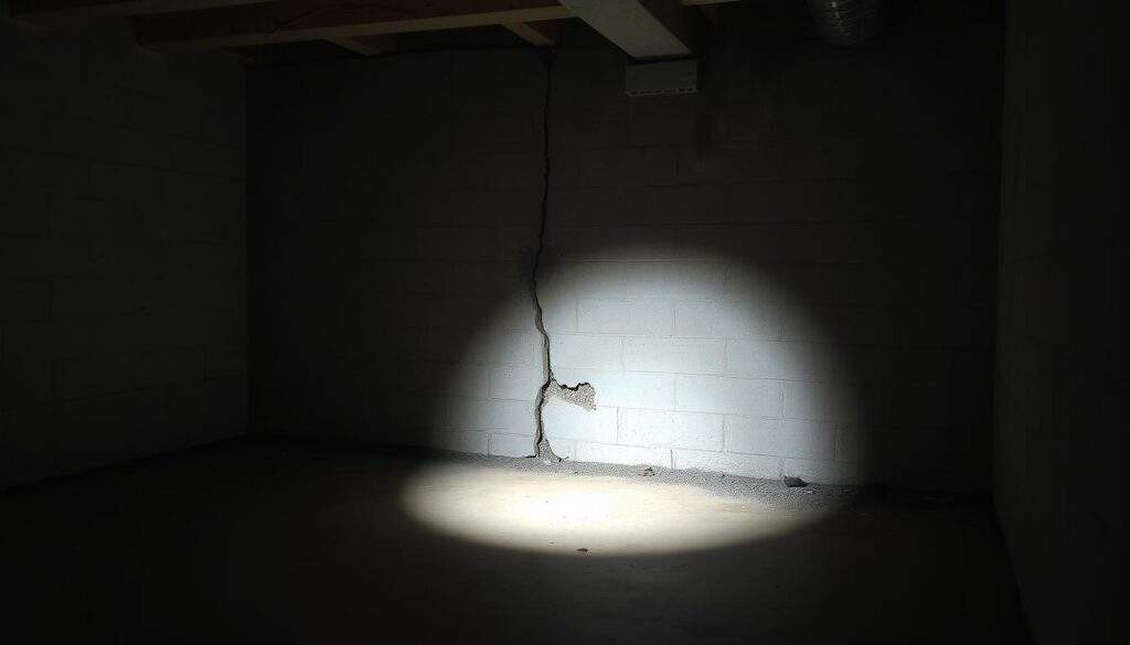 A dimly lit basement interior, with exposed concrete foundation walls. The floors are damp and unfinished, and the walls show signs of moisture damage. A focused beam of light from an iPhone 16 Pro Max illuminates a section of the foundation, revealing cracks, discoloration, and signs of crumbling mortar. The lighting casts dramatic shadows, highlighting the need for closer inspection. The overall atmosphere is one of concern and a desire to understand the condition of the foundation and whether insulation would be a worthwhile investment to address moisture and temperature issues.