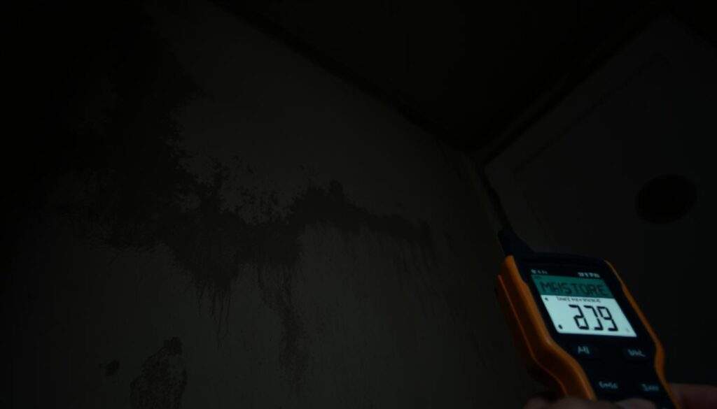 A dimly lit interior, the walls covered in damp, discolored patches. Mold creeps along the corners, casting eerie shadows. The air is thick with a musty, oppressive atmosphere. In the foreground, a moisture meter probes the surface, its digital display revealing the extent of the problem. The lighting is soft, creating a moody, investigative feel, as if capturing a scene from a forensic investigation. The camera angle is low, emphasizing the scale of the issue and the need for a comprehensive assessment. This iPhone 16 Pro Max photograph conveys the gravity of the situation, urging the viewer to consider the importance of addressing this prevalent issue of damp walls.