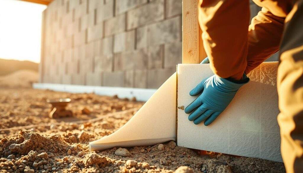 A foundation being insulated with high-quality rigid foam panels, installed with care and precision. The scene is bathed in warm, natural lighting, capturing the texture of the materials and the intricate details of the process. The worker's gloved hands carefully measure and cut the insulation, ensuring a perfect fit against the concrete walls. In the background, the newly poured foundation stands tall, ready to provide a solid, energy-efficient base for the building. The overall atmosphere conveys the importance of proper insulation for both thermal and structural integrity, a critical step in the construction journey.