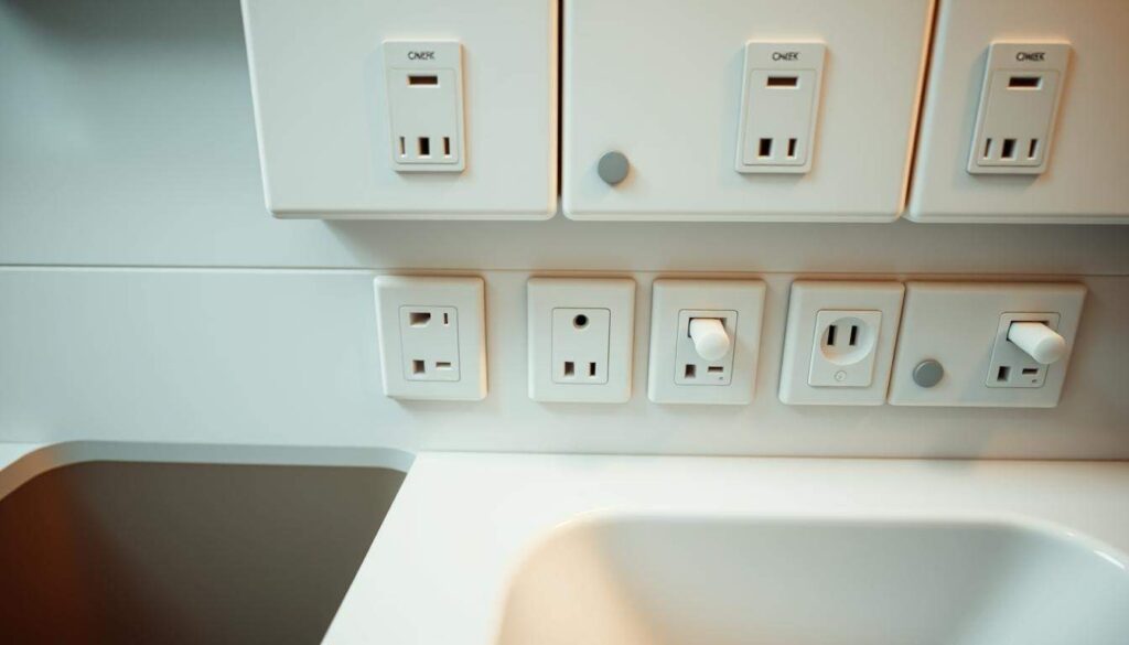 A high-angle shot of a neatly arranged array of electrical outlets and switches, their uniform placement and height showcasing the thoughtful ergonomics of a well-designed kitchen or bathroom layout. The image captures the precise positioning and distribution of power sources, reflecting the intentional planning required to ensure accessibility and functionality for the end-user. Soft, diffused lighting from an unseen source casts a warm, inviting glow, emphasizing the careful consideration of both form and function in this meticulously crafted scene. The photograph's crisp, clean aesthetic and natural, documentary-style perspective convey a sense of authority and professionalism, providing a visual reference for the ideal "rozmieszczenie gniazdek" detailed in the article. A high-angle shot of a neatly arranged array of electrical outlets and switches, their uniform placement and height showcasing the thoughtful ergonomics of a well-designed kitchen or bathroom layout. The image captures the precise positioning and distribution of power sources, reflecting the intentional planning required to ensure accessibility and functionality for the end-user. Soft, diffused lighting from an unseen source casts a warm, inviting glow, emphasizing the careful consideration of both form and function in this meticulously crafted scene. The photograph's crisp, clean aesthetic and natural, documentary-style perspective convey a sense of authority and professionalism, providing a visual reference for the ideal "rozmieszczenie gniazdek" detailed in the article.