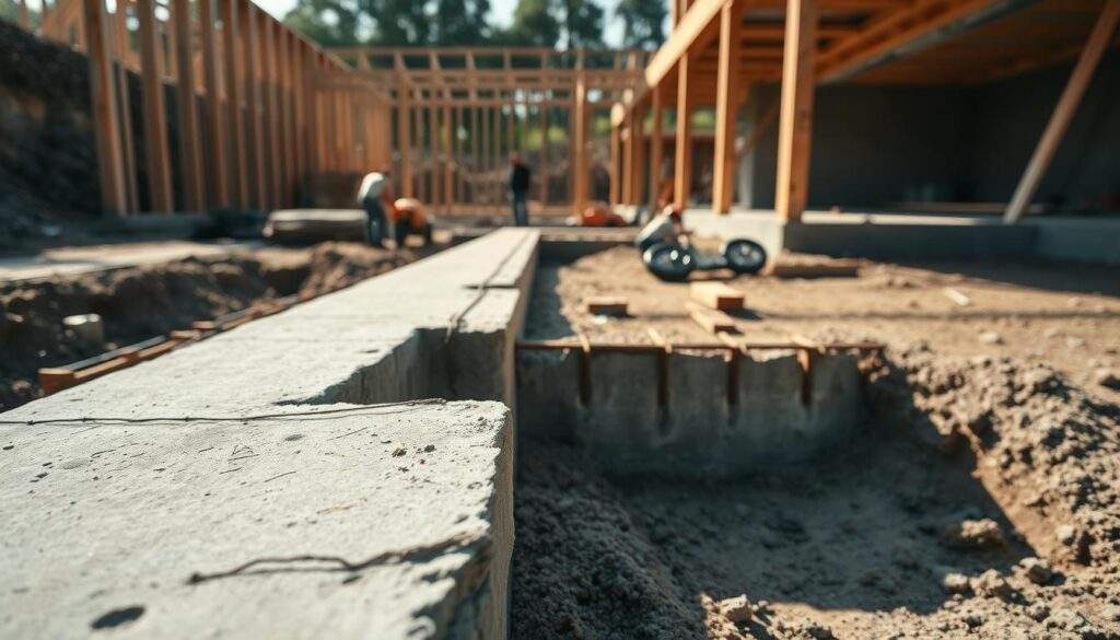 A high-angle, wide-angle shot of a construction site in natural daylight. The foreground features a detailed view of a partially completed concrete foundation slab, with visible rebar and textures. The middle ground shows the framing and excavation work for a 170m2 residential home, with workers in the background. The background is blurred, creating a sense of depth and focus on the foundation. The lighting is soft and diffused, casting long shadows and highlighting the materiality of the construction materials. The overall mood is one of progress and industriousness, conveying the essential role of a sturdy foundation in home building. A high-angle, wide-angle shot of a construction site in natural daylight. The foreground features a detailed view of a partially completed concrete foundation slab, with visible rebar and textures. The middle ground shows the framing and excavation work for a 170m2 residential home, with workers in the background. The background is blurred, creating a sense of depth and focus on the foundation. The lighting is soft and diffused, casting long shadows and highlighting the materiality of the construction materials. The overall mood is one of progress and industriousness, conveying the essential role of a sturdy foundation in home building.