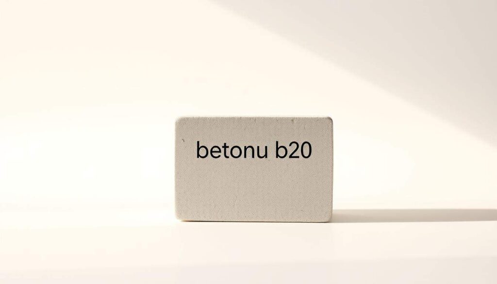 A high-resolution, realistic image of a concrete block labeled "betonu b20" against a plain, white background. The block is positioned in the center of the frame, with a warm, natural lighting that casts soft shadows. The camera is set at a slight angle, capturing the textured surface and edges of the block in crisp detail. The overall mood is clean, minimalist, and focused on showcasing the material properties of the concrete.