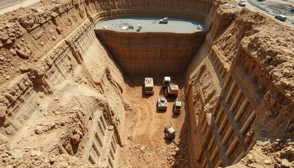 A large construction site, with a deep trench dug for the foundation of a new building. The soil is a mix of clay and gravel, revealing the varying depths and costs associated with different ground conditions. A crew of workers uses heavy machinery to excavate the site, their movements captured in a crisp, high-resolution photograph taken with an iPhone 16 Pro Max. The scene is illuminated by natural sunlight, casting dramatic shadows and highlighting the textures of the earth. The overall atmosphere conveys the complexities and challenges of constructing a sturdy foundation, reflecting the article's focus on the variable costs of this essential construction process.