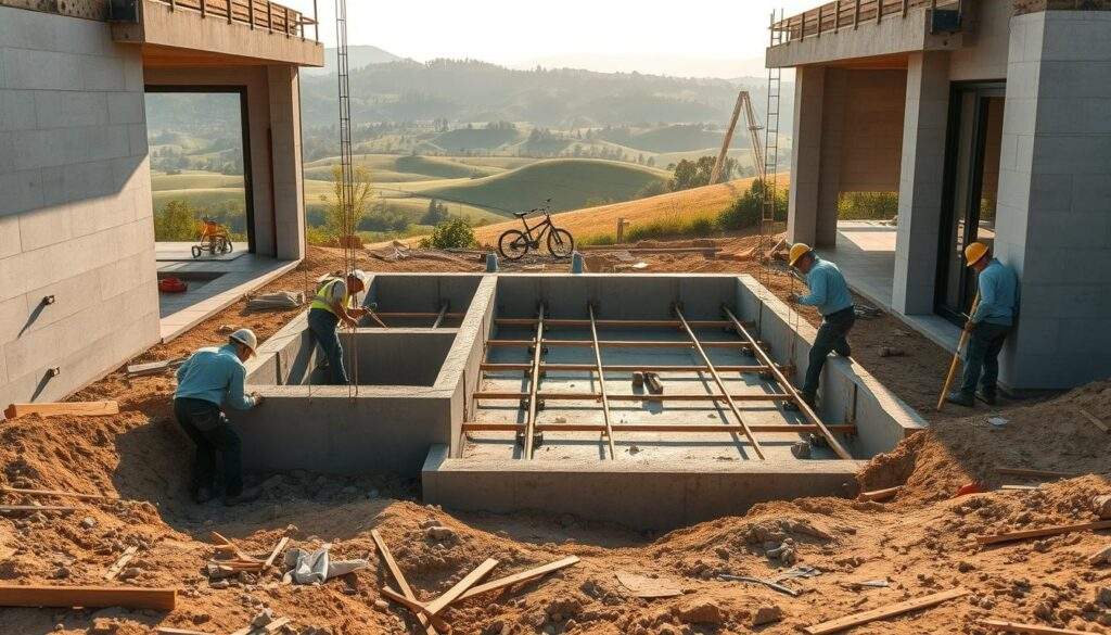 A modern and sophisticated home foundation construction site, captured with an iPhone 16 Pro Max. The scene showcases the intricate process of laying the foundation, with workers diligently pouring concrete and shaping the structure. The foreground features precise measurements, tools, and materials, conveying the technical expertise required. The middle ground reveals the partially completed foundation, its sturdy frame and reinforcements hinting at the strength and stability to come. In the background, a serene landscape of rolling hills and lush greenery sets the stage, creating a harmonious balance between the built environment and the natural surroundings. The lighting is warm and natural, casting a soft, inviting glow over the entire scene, emphasizing the care and attention to detail that goes into the construction of a new home. A modern and sophisticated home foundation construction site, captured with an iPhone 16 Pro Max. The scene showcases the intricate process of laying the foundation, with workers diligently pouring concrete and shaping the structure. The foreground features precise measurements, tools, and materials, conveying the technical expertise required. The middle ground reveals the partially completed foundation, its sturdy frame and reinforcements hinting at the strength and stability to come. In the background, a serene landscape of rolling hills and lush greenery sets the stage, creating a harmonious balance between the built environment and the natural surroundings. The lighting is warm and natural, casting a soft, inviting glow over the entire scene, emphasizing the care and attention to detail that goes into the construction of a new home.