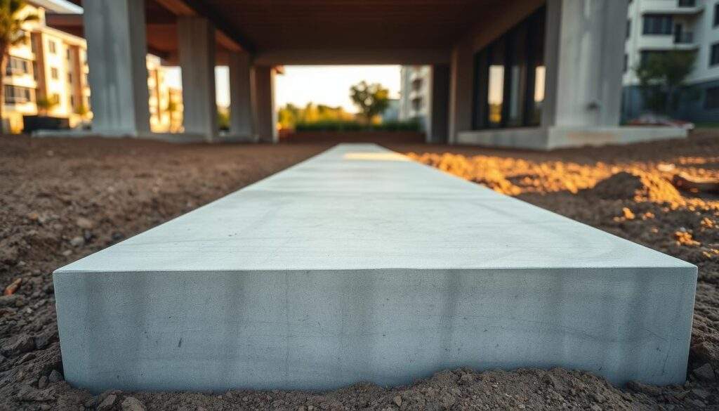 A modern concrete foundation of a residential building, viewed from a low angle with an iPhone 16 Pro Max. The foundation is a large, sturdy concrete slab with reinforced steel bars, sitting atop a level, compacted soil base. The texture of the concrete is rough and unfinished, with subtle tones of gray. Warm sunlight casts soft shadows across the surface, highlighting its depth and solidity. The surroundings are blurred, suggesting an urban or suburban setting, but the focus remains on the foundation as the central, essential element of the structure.