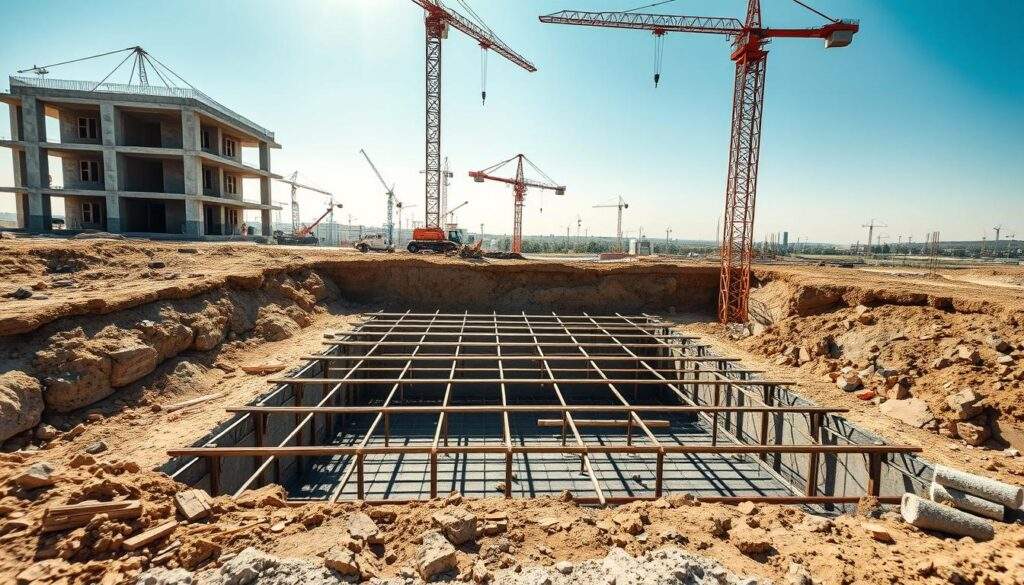 A modern construction site, showcasing the foundation of a 130 square meter home. The ground is freshly dug, exposing the complex network of steel reinforcement and poured concrete. Towering cranes loom in the background, lending a sense of scale and industrial might. Bright sunlight casts long shadows, accentuating the textures and forms of the exposed foundation. The scene conveys a sense of progress, as the essential groundwork is laid for the future construction. Captured with the clarity and depth of field of an iPhone 16 Pro Max, this image offers a detailed, realistic representation of the cost factors involved in building solid foundations.