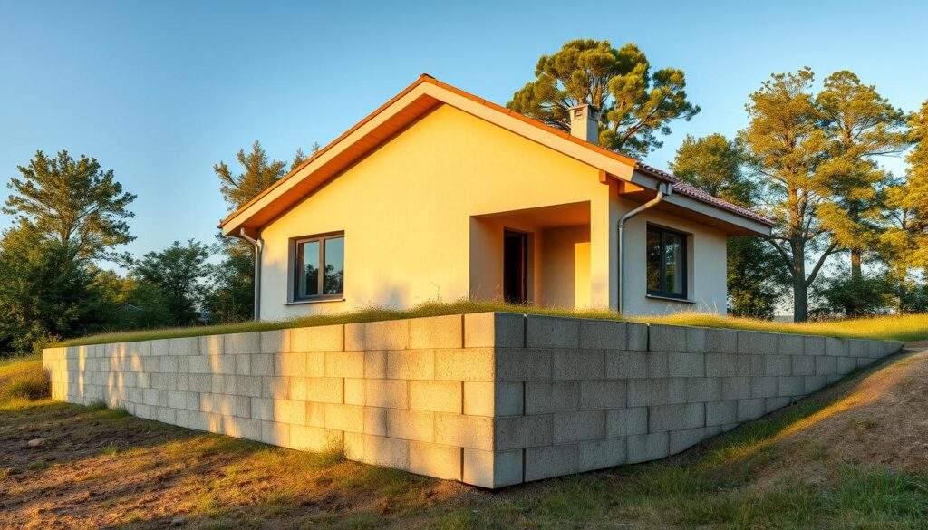 A modern single-family house set against a backdrop of lush greenery and a clear blue sky. The home's foundation is composed of sturdy concrete blocks, showcasing the practical and economical nature of this construction method. The image captures the exterior of the house, revealing the textured facade and well-designed layout. The lighting is natural, casting warm, golden tones that highlight the material's durability and the home's overall aesthetic appeal. The scene conveys a sense of comfort, efficiency, and harmony between the built environment and the surrounding natural elements, reflecting the viability of block-based foundations for Polish homes in 2025.