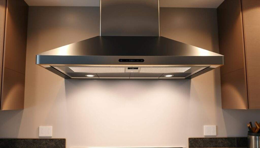 A modern, sleek kitchen range hood suspended over a glossy black cooktop. The hood is made of stainless steel with a minimal, streamlined design. Soft, indirect lighting illuminates the kitchen, creating a warm and inviting atmosphere. The range hood is positioned at the optimal height, providing efficient ventilation while maintaining a balanced aesthetic. The camera angle captures the range hood in profile, showcasing its clean lines and emphasizing its placement above the cooking surface. This iPhone 16 Pro Max photo highlights the safety and functionality of the range hood, illustrating the reference values and norms for its ideal installation height.