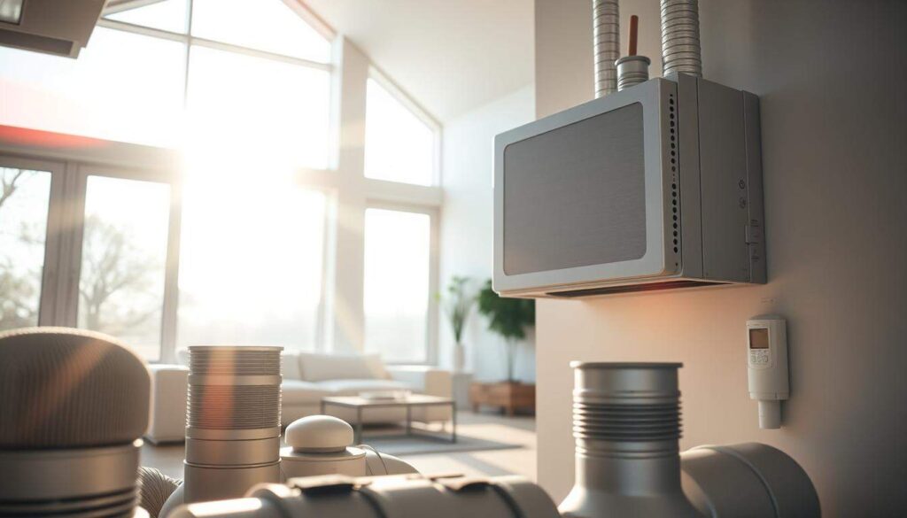 A modern, well-lit interior with a central air ventilation unit prominently displayed. The unit has a sleek, minimalist design with clean lines and a metallic finish. Sunlight streams in through large windows, casting warm, natural lighting across the room. In the foreground, various air ducts and vents are visible, seamlessly integrated into the home's architecture. The middle ground features a simple, minimalist furniture arrangement, allowing the ventilation system to take center stage. The background showcases a serene, modern living space, with muted colors and subtle textures creating a calming, comfortable atmosphere. The overall scene conveys the importance and seamless integration of a high-efficiency air recuperation system within a contemporary, energy-efficient home.
