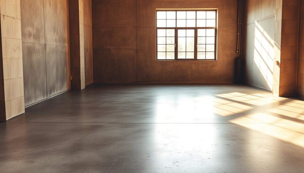 A neatly poured concrete garage floor, its surface smooth and slightly reflective, bathed in warm, natural light from a large window. The concrete's texture is captured in vivid detail, revealing its subtle variations and imperfections. The lighting casts soft shadows, adding depth and dimension to the scene. The overall atmosphere is one of simplicity and functionality, reflecting the practical purpose of the garage space. The image conveys a sense of durability and reliability, hinting at the versatility of the concrete surface as a suitable canvas for a variety of garage-appropriate paint finishes.