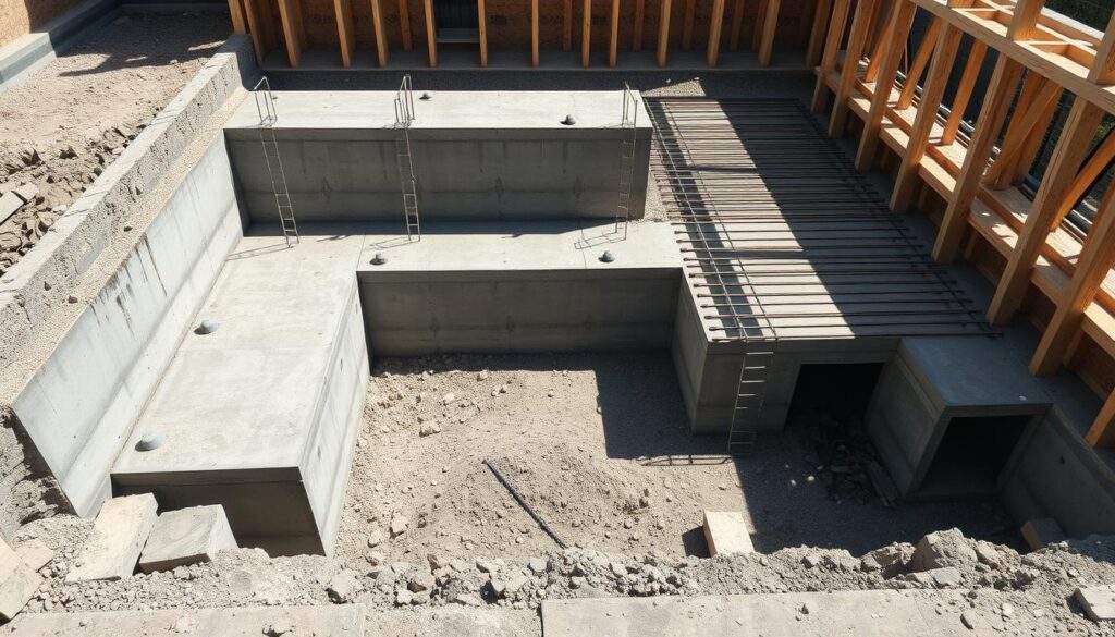 A residential building foundation under construction, captured with an iPhone 16 Pro Max. The frame showcases the detailed layout of reinforced concrete slabs, steel rods, and wooden forms, providing a comprehensive view of the essential structural elements. The scene is illuminated by natural daylight, casting shadows that accentuate the textures and dimensions of the materials. The perspective is slightly elevated, offering a bird's-eye perspective that allows the viewer to grasp the scale and complexity of the 160 m2 foundation. The mood is one of precise engineering, with a sense of the careful planning and execution required to ensure a stable and durable home.