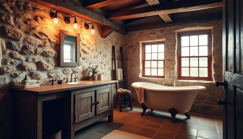 A rustic bathroom with natural stone walls, rough-hewn wooden beams, and a weathered farmhouse vanity. Soft, warm lighting casts a cozy glow, while a large window frames a serene, pastoral view. Vintage brass fixtures and an antique claw-foot tub add to the timeless, lived-in feel. The space exudes a sense of simplicity, comfort, and a connection to the earth. Textures and materials work together to create a harmonious, inviting atmosphere - the essence of a rustic bathroom. Łazienka w stylu rustykalnym