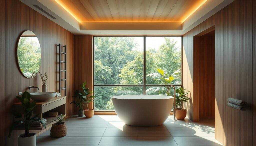 A serene and minimalist Japandi bathroom, bathed in natural light. Warm wood tones and neutral tiles create a calming ambiance, accented by potted plants and a freestanding tub. Sleek, integrated fixtures and hidden storage evoke a sense of order and tranquility. Soft, diffused lighting from overhead casts a gentle glow, while a large window frames a lush, verdant view beyond. The overall atmosphere is one of simplicity, functionality and harmonious connection with nature - an oasis of peaceful respite. Łazienka w stylu japandi