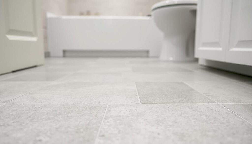 A sleek, modern bathroom interior with a focus on the floor tiles. The tiles are rectangular, with a matte finish and a subtle pattern in shades of gray and white. The lighting is soft and even, creating a calming atmosphere. The camera angle is slightly elevated, capturing the tiles from an angle that emphasizes their texture and layout. The background is blurred, allowing the tiles to take center stage. The overall impression is one of a quick, budget-friendly bathroom makeover that transforms the space without the need for a full renovation.
