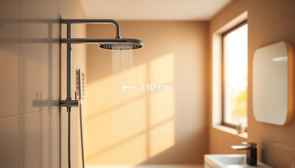 A sleek, modern bathroom interior with a stylish wall-mounted shower faucet set at the optimal height of 110 cm from the floor, illuminated by warm, natural lighting captured through a large window. The faucet's clean lines and chrome finish complement the minimalist design of the bathroom, creating a harmonious and visually appealing scene. The surrounding tiles and fixtures are blurred in the background, allowing the viewer to focus on the central element of the shower faucet and its precise placement. The overall atmosphere is one of sophisticated simplicity, reflecting the guidance and recommendations for proper shower faucet installation. A sleek, modern bathroom interior with a stylish wall-mounted shower faucet set at the optimal height of 110 cm from the floor, illuminated by warm, natural lighting captured through a large window. The faucet's clean lines and chrome finish complement the minimalist design of the bathroom, creating a harmonious and visually appealing scene. The surrounding tiles and fixtures are blurred in the background, allowing the viewer to focus on the central element of the shower faucet and its precise placement. The overall atmosphere is one of sophisticated simplicity, reflecting the guidance and recommendations for proper shower faucet installation.