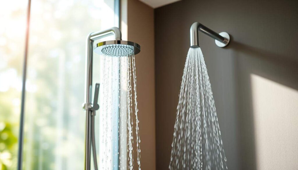 A sleek, modern bathroom setting with a chrome shower faucet fixture prominently displayed. The faucet is mounted at the optimal ergonomic height, allowing for comfortable, accessible water flow. Soft, natural lighting filters in, creating a warm, inviting atmosphere. The faucet's clean lines and polished finish reflect the attention to detail and thoughtful design principles that define high-quality bathroom hardware. The image captures the seamless integration of form and function, showcasing the shower faucet as a key element in the overall bathroom aesthetics and user experience.