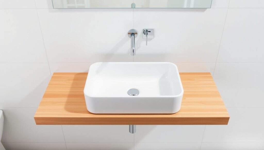 A sleek, modern bathroom with a white, rectangular sink basin prominently featured in the center of the frame. The sink is mounted on a minimalist, floating vanity in a warm, wood tone. The faucet is a minimalist, chrome design, casting a soft, diffused light onto the sink's surface. The background is a neutral, light-colored tile wall, creating a bright, airy atmosphere. The camera is positioned at an ergonomic angle, showcasing the sink's height and accessibility. The overall scene conveys a sense of clean, functional design tailored for comfortable everyday use.