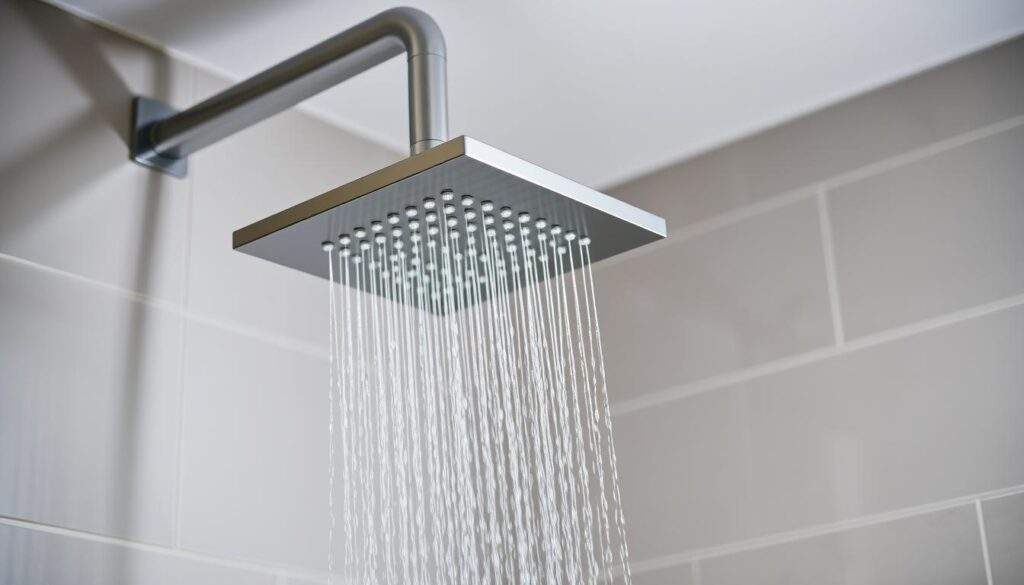 A sleek, modern shower head in brushed chrome finish, suspended from a minimalist ceiling mount at a comfortable height, casting a soft, even spray against a tiled bathroom wall. The shower head's angular design and smooth curves create an elegant, contemporary aesthetic, complementing the room's clean, uncluttered style. Subtle ambient lighting illuminates the scene, highlighting the sheen of the chrome and the precise water flow, conveying a sense of luxury and attention to detail. The overall composition emphasizes the importance of the shower head's placement, showcasing how its optimal height can enhance the user's experience and create a harmonious, functional bathroom environment.