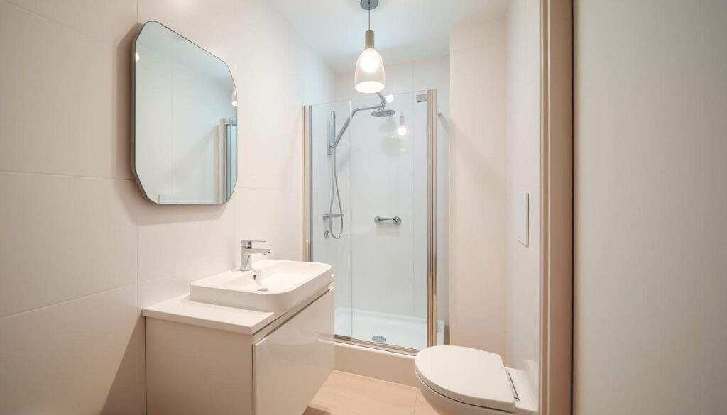 A small bathroom in a modern apartment block, captured in natural light. The space is efficiently designed, with a sleek vanity unit, a compact shower enclosure, and minimalist fixtures. The walls are tiled in a soft, neutral tone, creating a serene and calming atmosphere. The floor is a light-colored, easy-to-clean material, complementing the overall aesthetic. A single, pendant light fixture casts a warm glow, highlighting the clean lines and careful planning that make the most of the limited space. The room feels airy and uncluttered, with thoughtful storage solutions to maximize functionality. An iPhone 16 Pro Max camera captures the scene, showcasing the beauty of a well-designed small bathroom in a city apartment. Nowoczesna łazienka w bloku