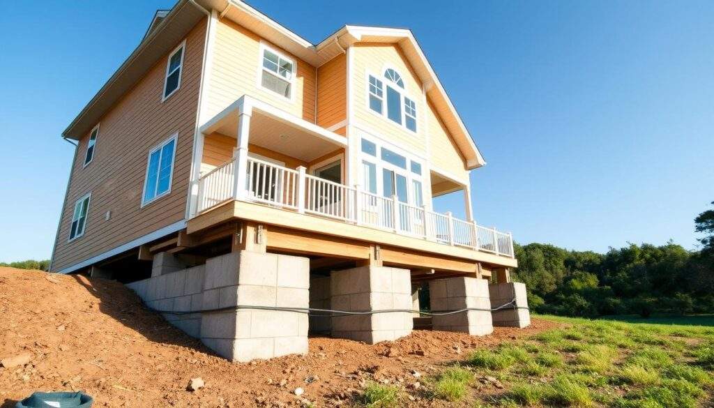 A solid, sturdy foundation supporting a well-designed two-story house, with a warm, inviting exterior. The home is set against a peaceful, verdant landscape, with a clear blue sky overhead. The foundations are visible, made of robust concrete reinforced with steel rods, securely anchoring the structure to the ground. The lighting is natural, casting soft, diffused shadows that accentuate the textures and materials. The angle is a low, three-quarter view, allowing the viewer to appreciate the scale and importance of the foundations to the overall stability and longevity of the building. A solid, sturdy foundation supporting a well-designed two-story house, with a warm, inviting exterior. The home is set against a peaceful, verdant landscape, with a clear blue sky overhead. The foundations are visible, made of robust concrete reinforced with steel rods, securely anchoring the structure to the ground. The lighting is natural, casting soft, diffused shadows that accentuate the textures and materials. The angle is a low, three-quarter view, allowing the viewer to appreciate the scale and importance of the foundations to the overall stability and longevity of the building.
